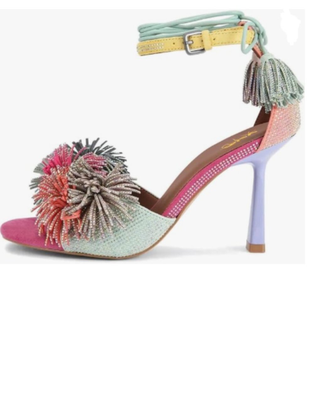 XYD Pink Green Open Toe Rhinestones Studs Multicolored Tassel Lace-up Sandals